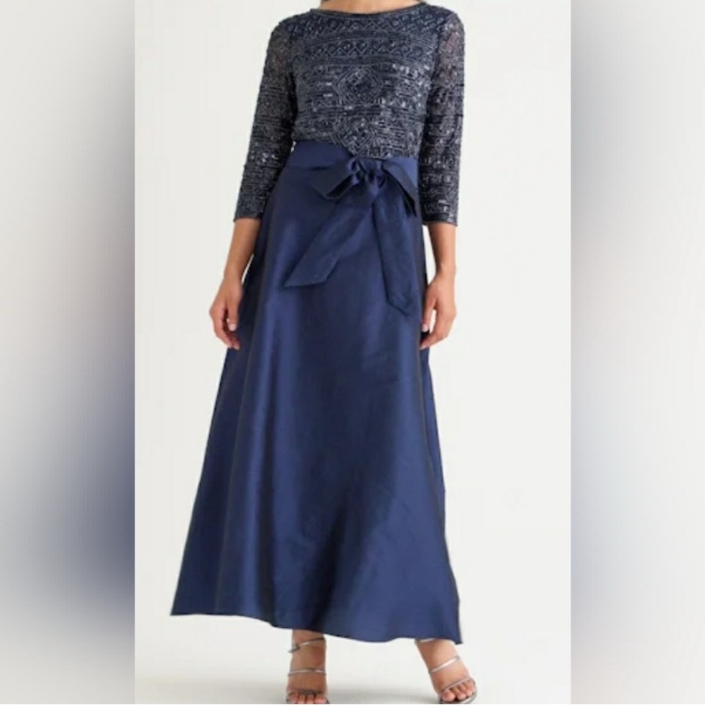 Pisarro Nights New Beaded Tie Waist Taffeta Navy Blue Gown Dress